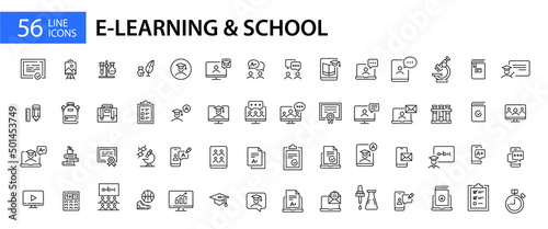 56 pixel perfect line art icons. E-learning school and college education