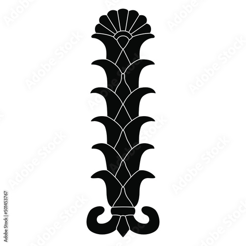 Persian Achaemenid floral motif. Stylized plant or cone. Black and white negative silhouette. Geometrical vertical palmette design.