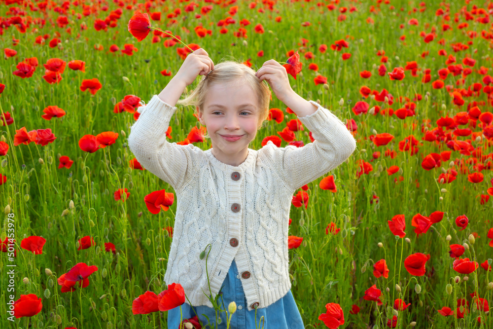 Portrait of beautiful child girl are wearing casual clothes in field of poppy flowers. Family on spring poppy field. Pretty little girl on a poppy field, outdoor. Portrait of beautiful child girl are wearing casual clothes in field of poppy flowers. Family on spring poppy field. Pretty little girl on a poppy field, outdoor.