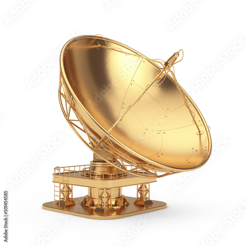 Canvastavla Big Golden Satellite Dish Antenna Radar. 3d Rendering