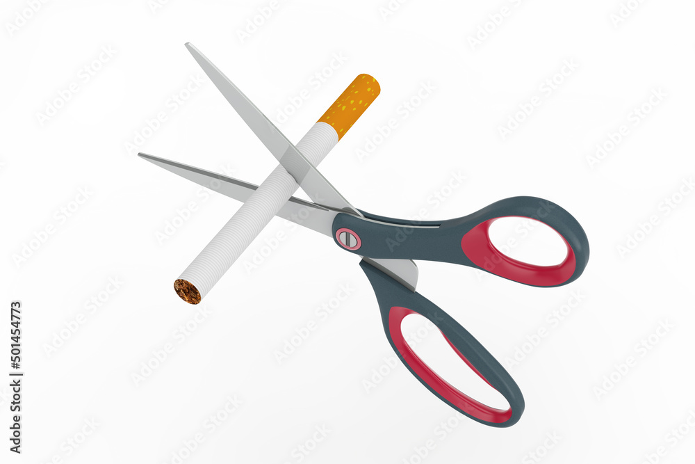 No Smoking Concept. Scissors Cut a Cigarette. 3d Rendering No Smoking Concept. Scissors Cut a Cigarette. 3d Rendering