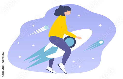 vector illustration in a flat style on the theme of striving for a goal. girl flying on a rocket