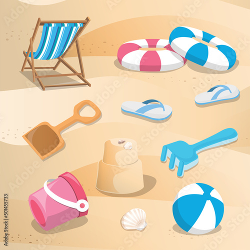 Set of summer accessories and beach toys, vector icons