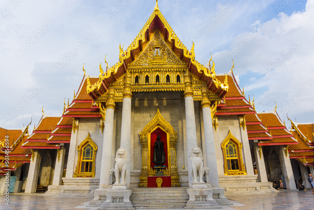 Golden pagoda of marble busshist temple sightseeing in Bangkok city travel