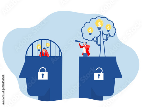 Thinking different business people between growth mindset and fixed mindset concept vector
