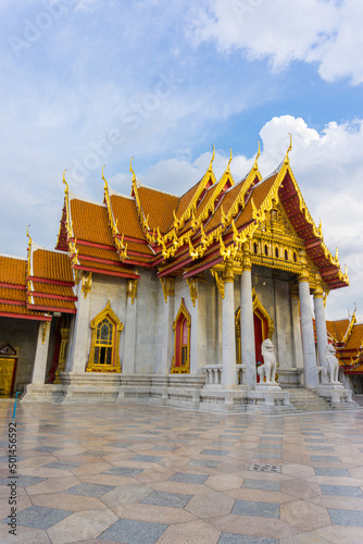 Golden pagoda of marble busshist temple sightseeing in Bangkok city travel