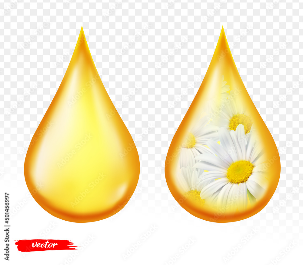Oil drop isolated on transparent background. Realistic vector illustration of chamomile oil drop. Oil drop isolated on transparent background. Realistic vector illustration of chamomile oil drop.