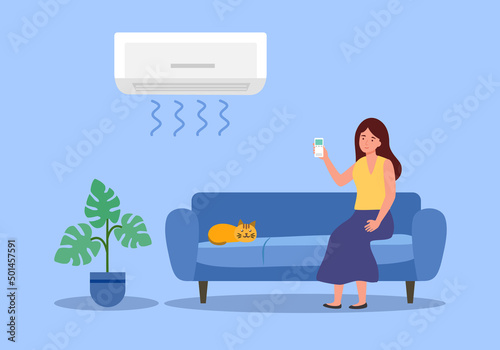 Woman remote control air conditioner in living room in flat design.