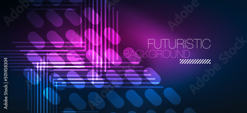 Background neon glowing lines and geometric shapes. Lights in the dark wallpaper for concept of AI technology, blockchain, digital, communication, 5G, science