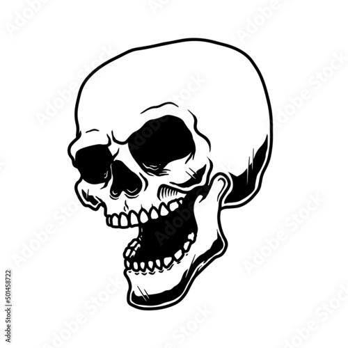 Illustration of human skull in monochrome style. Design element for poster, card, banner, emblem, sign. Vector illustration