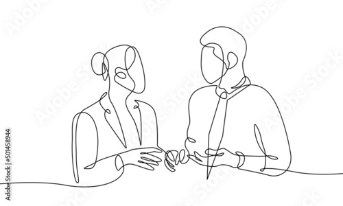 Businesswoman and Businessman Continuous Line Drawing. Abstract Couple People One Line Drawing. Minimalist Business Concept, Modern Line Drawing. Vector EPS 10
