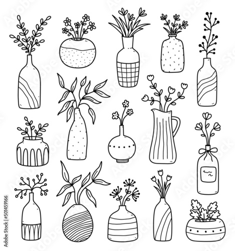 Set of cute flowers and twigs in ceramic modern vases isolated on white background. Vector hand-drawn illustration in doodle style. Perfect for cards, decorations, logo, various designs.