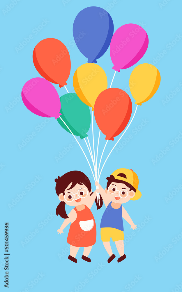 Children day kids are playing with balloons with plants and clouds in the background, vector illustration Children day kids are playing with balloons with plants and clouds in the background, vector illustration