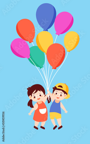 Children day kids are playing with balloons with plants and clouds in the background, vector illustration