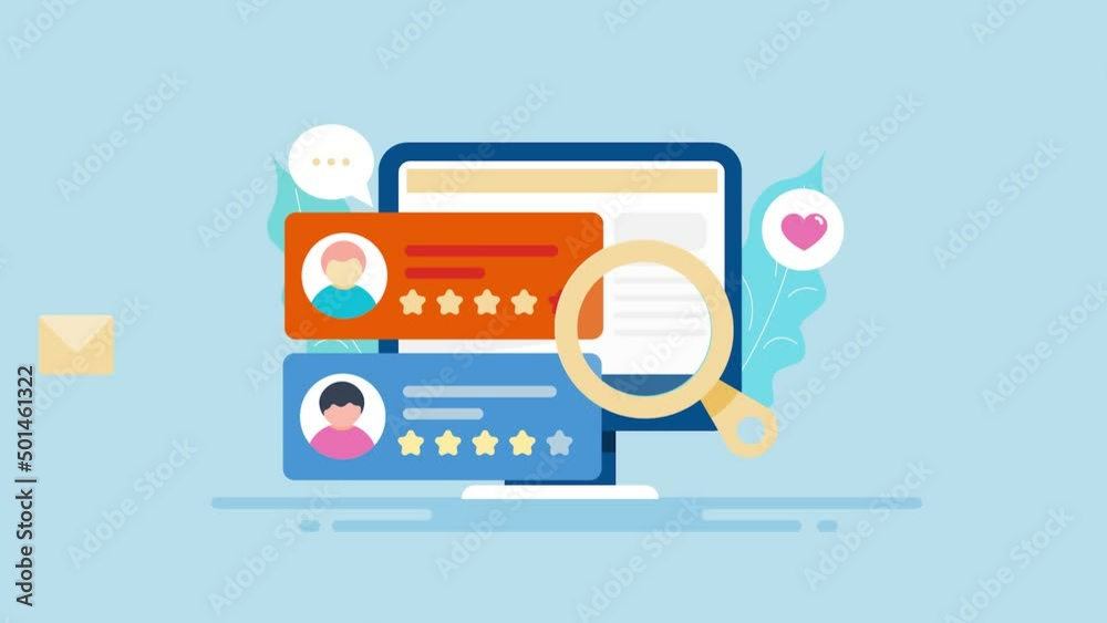 Customer loyalty - business reputation management - Customer feedback, review, five star rating conceptual 2d animation 4k video clip. 