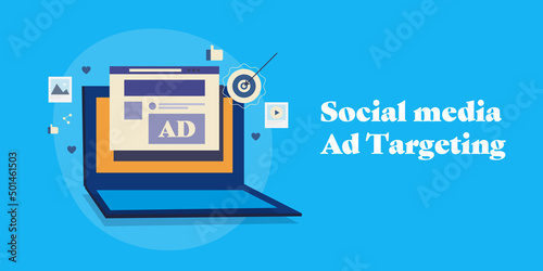 Social media ad targeting, programmatic digital advertising media buying conceptual web banner template.