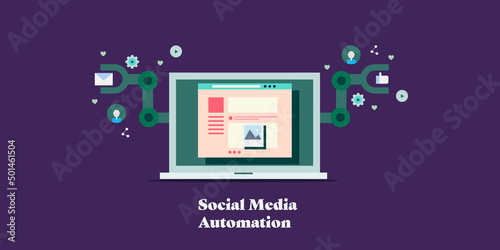 Social media tool - marketing automation software with AI technology conceptual web banner template.