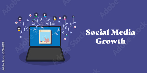 Social media growth - followers growing on tree laptop computer, publishing post. Flat design web banner.
