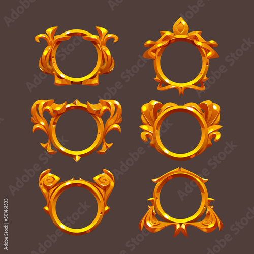 Round ui game frames, gold textured circles with curve ornate rims and decor. Cartoon circular empty borders, isolated graphic design gui elements for medieval rpg game or app Vector illustration, set