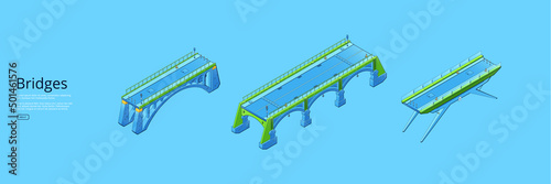Bridges isometric web banner with city architecture construction of different design. Urban infrastructure, famous landmark, drawbridges for transport cross water or road 3d vector line art web banner