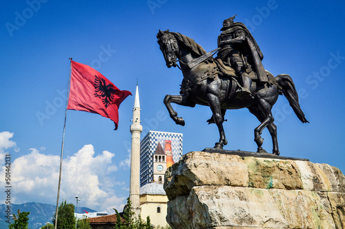 Statue of Skanderbeg at Skanderbeg Square in Tirana, Albania 