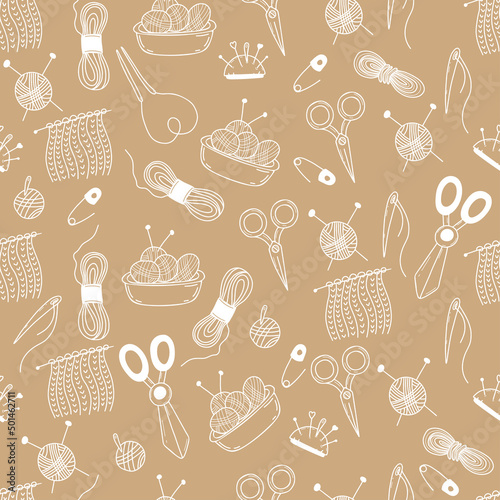 Seamless knitting pattern. White chalk Linear hand drawings in doodle style Needles, thread, scissors, skeins of thread with knitting needles and pins on light brown background. Vector illustration