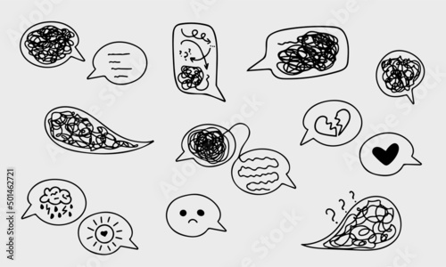 Set of confused messed up thoughts bubble line art icons. Depressed mental state before therapy, brain overthinking photo