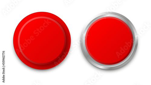 3D red circular push button icon collection. Realistic and shiny glossy metallic colors. Top perspective view. photo