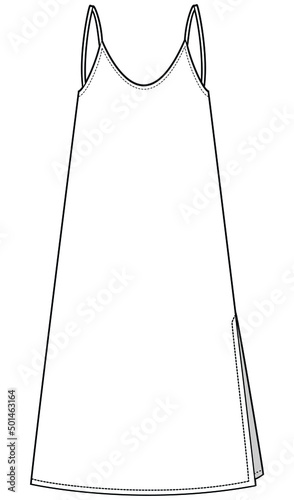 Fotografia, Obraz Slip dress with side slit open womens camisole dress fashion flat sketch vector illustration