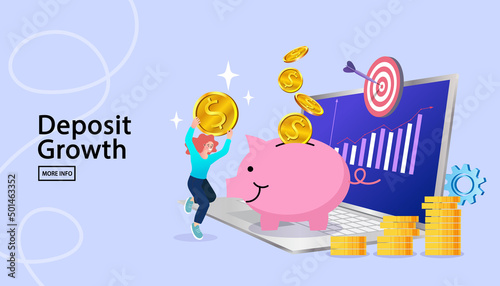Financial deposit growth and investment profit banner template. Happy woman putting gold coin into piggy bank with laptop graph and target background. Vector illustration for banking success web.