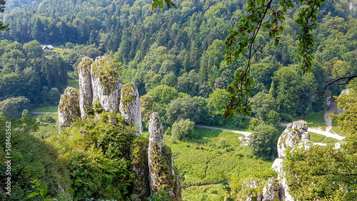 A panoramic view on Skala Biala Reka (the White Hand rock) in the Ojcow National Park near Krakow, Lesser Poland, Poland. Tatra mountains. Limestone rock formation. Jurassic Krakow-Czestochowa Upland photo
