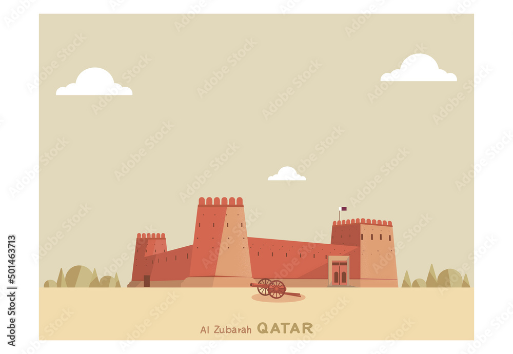 Vector cartoon landmark of Qatar famous landscape.Al Zubarah fort.Earth tone color for Fifa 2022