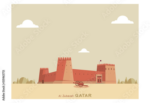 Vector cartoon landmark of Qatar famous landscape.Al Zubarah fort.Earth tone color for Fifa 2022 photo