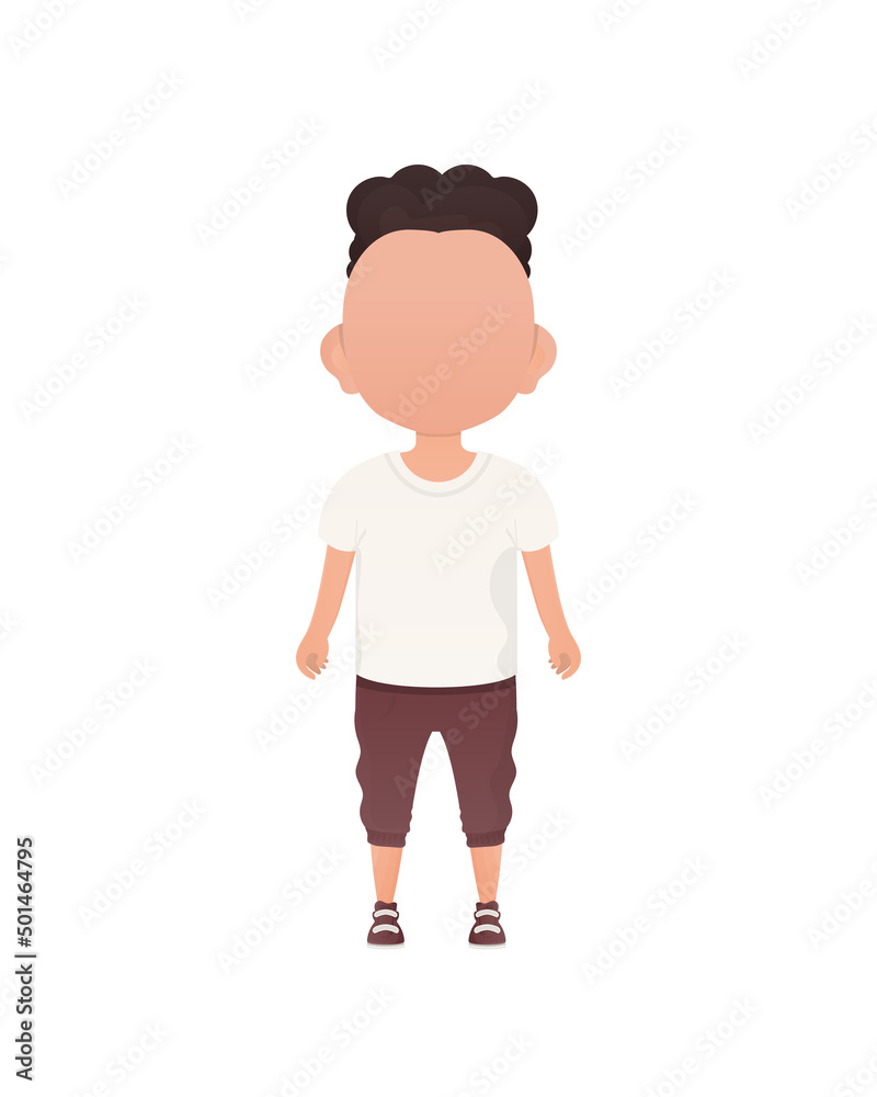 Dark-haired little boy, preschool age in a t-shirt and shorts. Isolated. Cartoon style. Vector illustration. Dark-haired little boy, preschool age in a t-shirt and shorts. Isolated. Cartoon style. Vector illustration.