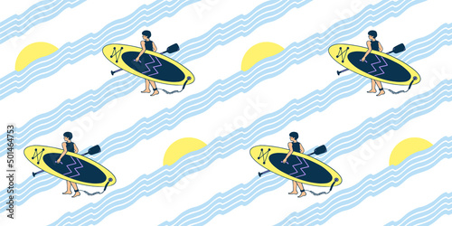 Pattern with a guy carrying a SUP board and a paddle for surfing on the waves. Modern simple bright flat illustration of surf and dawn on the sea.