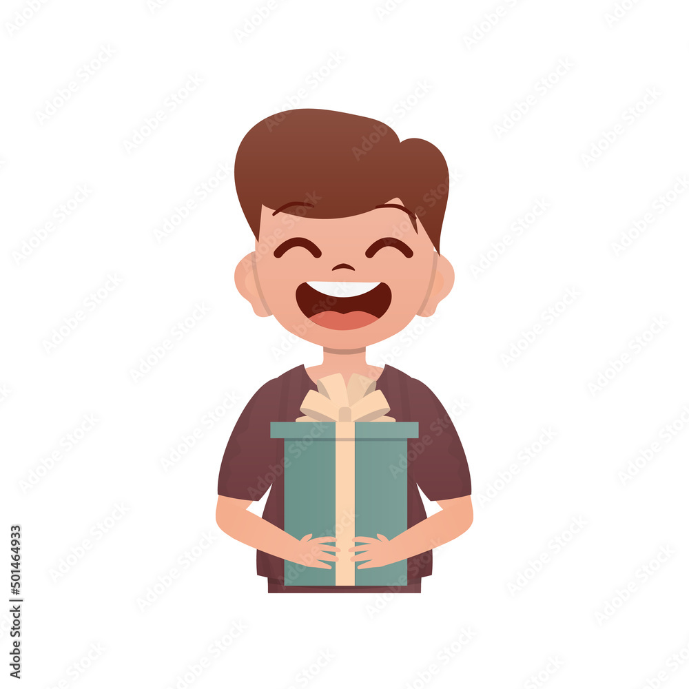 A small teenage boy is depicted waist-deep and holding a gift in his hands. Birthday, New Year or holidays theme. Cartoon style isolated on white background. A small teenage boy is depicted waist-deep and holding a gift in his hands. Birthday, New Year or holidays theme. Cartoon style isolated on white background.