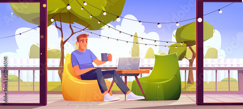 Man relax at outdoor home terrace, male character with coffee cup sitting at wooden patio at armchair with laptop on table, green trees and lawn view. Area for relaxation Cartoon vector illustration