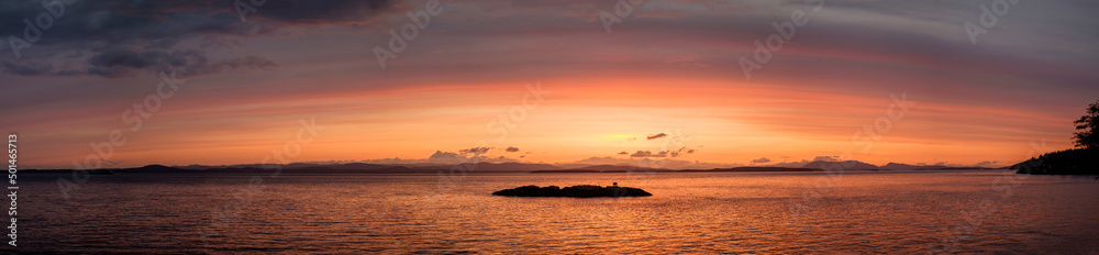 A panorama of the sunset off of San Juan Island overlooking the Haro Straight