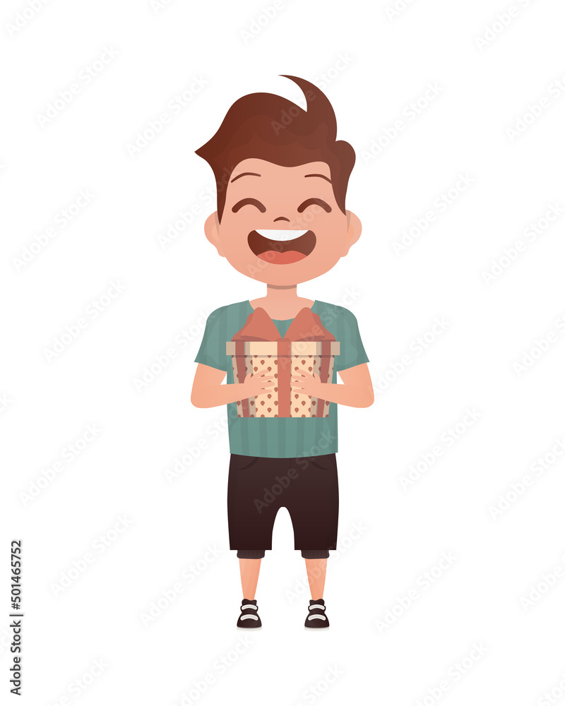 A small boy child is depicted in full growth and holds a gift in his hands. Birthday, New Year or holidays theme. Isolated. Cartoon style. A small boy child is depicted in full growth and holds a gift in his hands. Birthday, New Year or holidays theme. Isolated. Cartoon style.