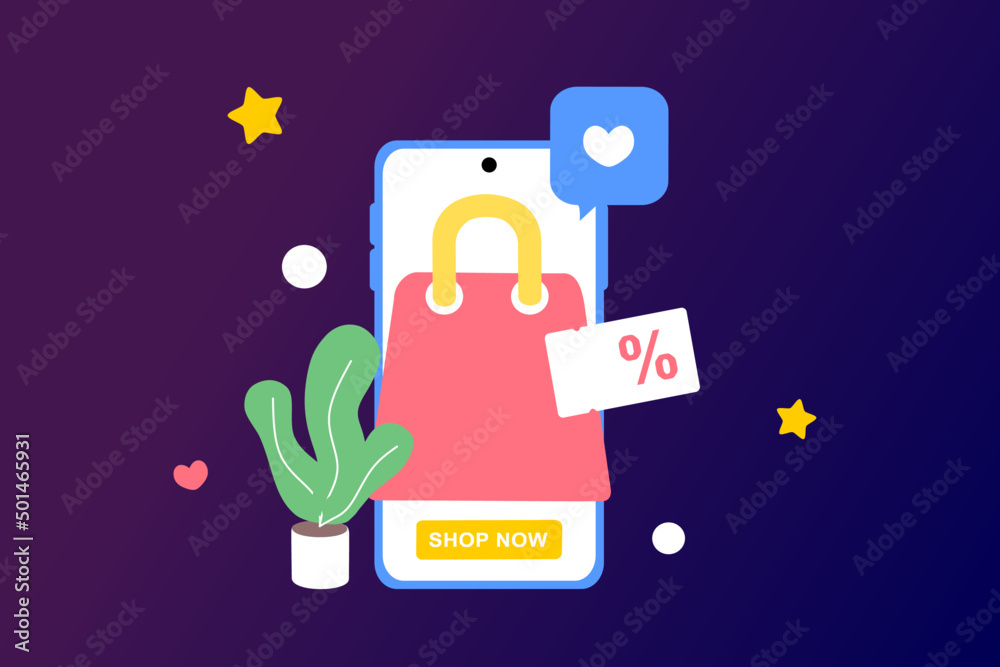 Online shopping in mobile smart phone. Big sale, special discount, social advertising. Mobile and digital marketing. Flat vector illustration for graphic element, sign, symbol. Modern minimalist style Online shopping in mobile smart phone. Big sale, special discount, social advertising. Mobile and digital marketing. Flat vector illustration for graphic element, sign, symbol. Modern minimalist style
