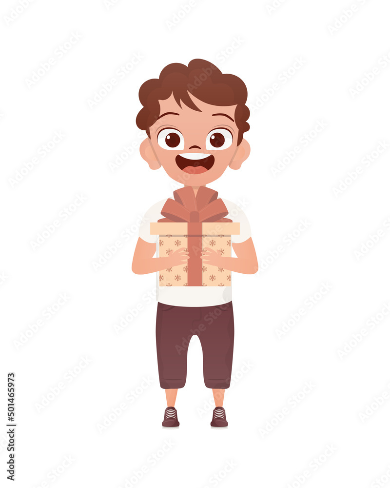 A small boy of preschool age is depicted in full growth and holds a gift in his hands. Birthday, New Year or holidays theme. Isolated. Cartoon style.