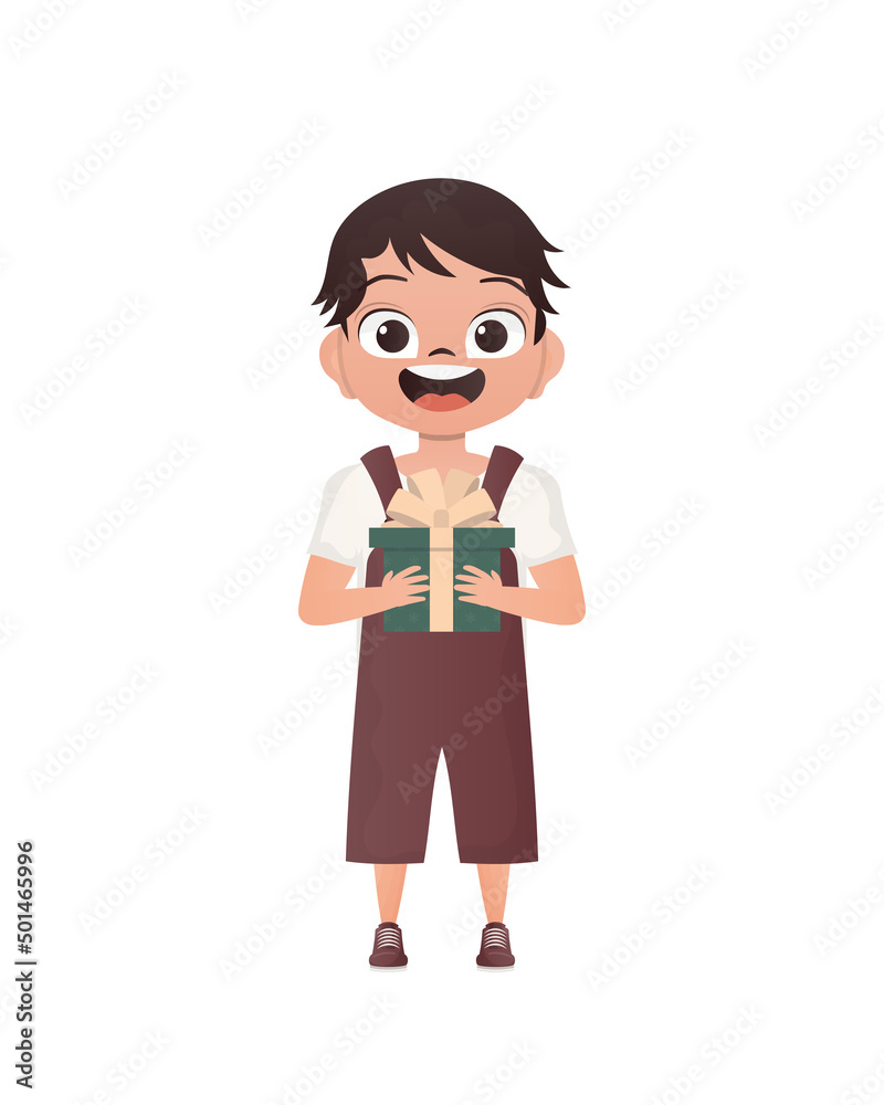 A small boy of preschool age is depicted in full growth and holds a box with a bow in his hands. Birthday, New Year or holidays theme. Cartoon style, isolated. A small boy of preschool age is depicted in full growth and holds a box with a bow in his hands. Birthday, New Year or holidays theme. Cartoon style, isolated.