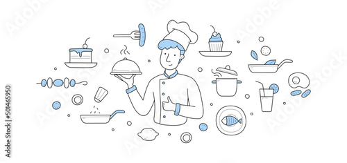 Chef with dish under cloche lid, restaurant hospitality doodle concept. Cafe stuff male character wear toque and uniform perform tasty cuisine meal, professional cooking, Linear vector illustration