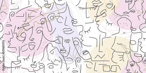 One line drawing. Abstract face seamless pattern.