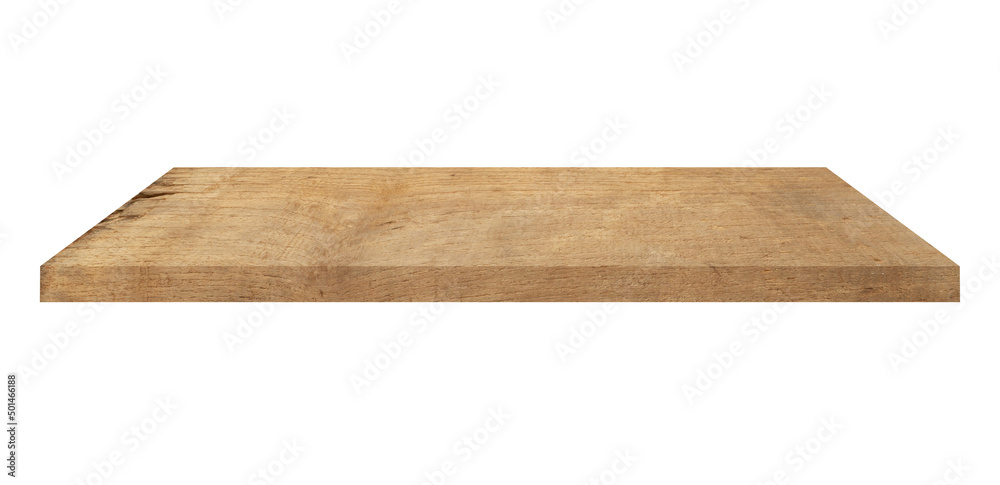 Wooden shelf on isolated white background