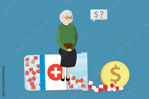 Elderly caucasian woman pay pills. Grandmother is surprised by high price of drugs. Grandma sitting on medical container. Expensive treatment, health care requires lot of money.
