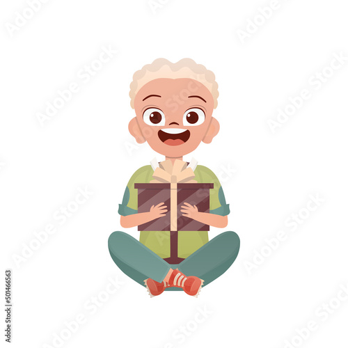A little boy teenager sits in a lotus position and holds a gift box in his hands. Birthday, New Year or holidays theme. Cartoon style isolated on white background.