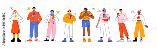 People talk by smartphones, characters communicate and browsing social networks with speech bubbles. Men and women stand in row using gadgets, chat in internet by mobiles, Linear vector illustration