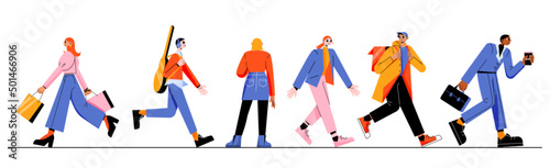 Diverse passerby people walk, courier deliver order, businessman with coffee cup, schoolgirl or student, teenager in headset with guitar woman with shopping bags, Line art flat vector illustration