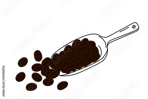Vector illustration of a scoop with coffee beans in doodle style isolated on a white background.